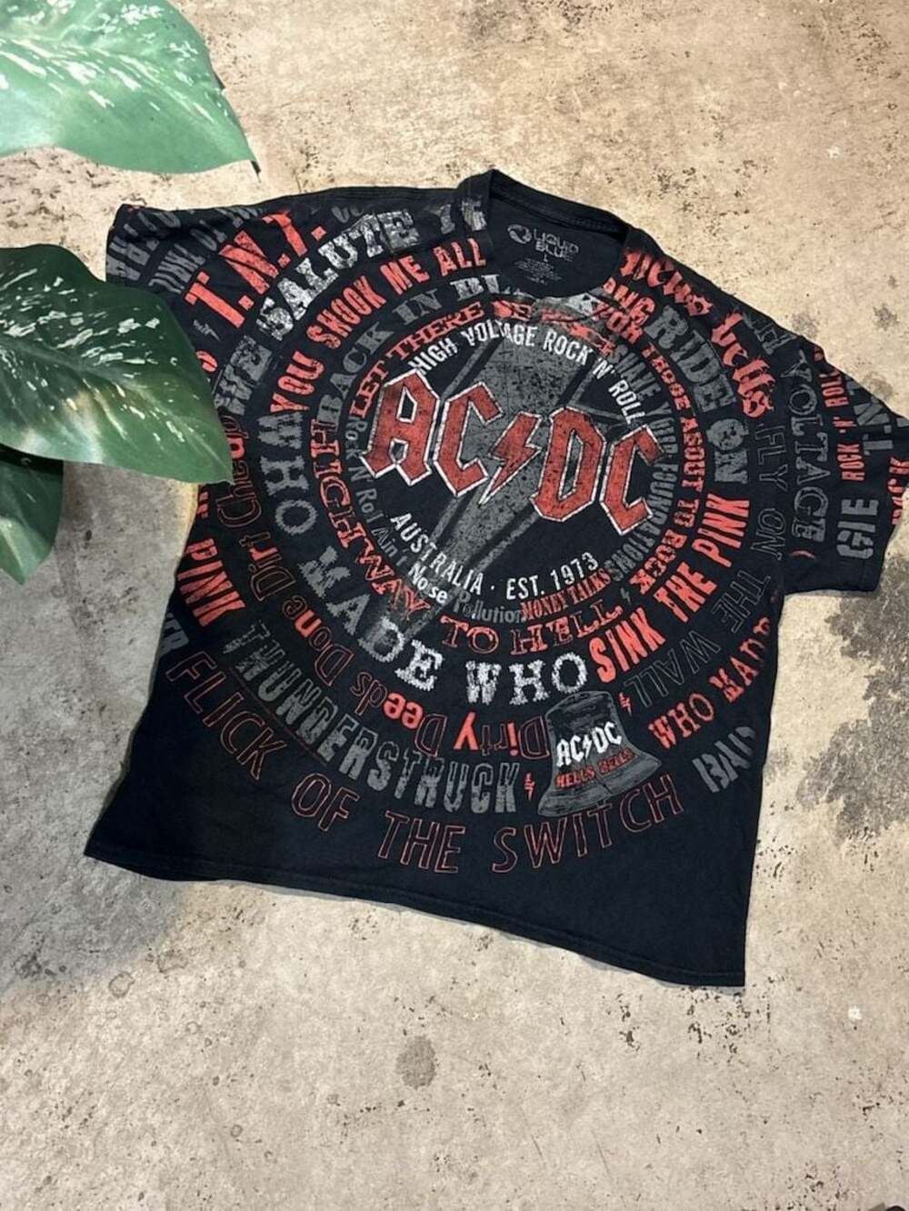 Liquid Blue AC/DC Song Titles All Over Print Graphic Short Sleeve T-Shirt